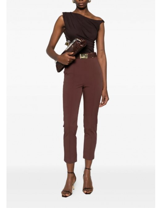 Pantaloni ELISABETTA FRANCHI, Trousers in technical bi-elastic fabric with belt, Maro - PA13261E2644