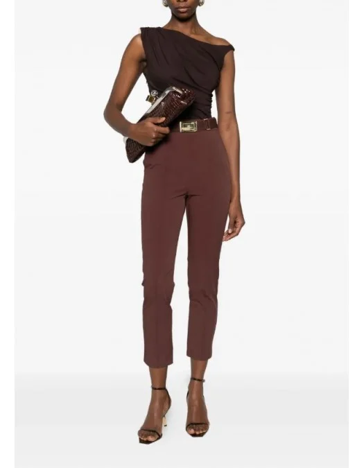Pantaloni ELISABETTA FRANCHI, Trousers in technical bi-elastic fabric with belt, Maro - PA13261E2644