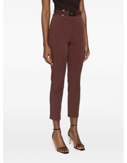 Pantaloni ELISABETTA FRANCHI, Trousers in technical bi-elastic fabric with belt, Maro - PA13261E2644
