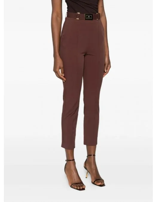 Pantaloni ELISABETTA FRANCHI, Trousers in technical bi-elastic fabric with belt, Maro - PA13261E2644