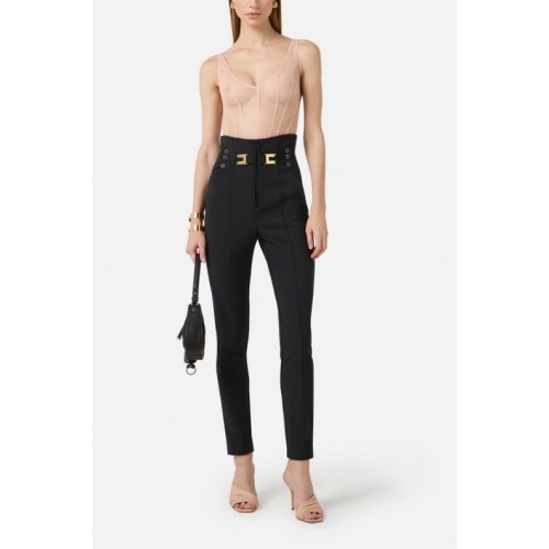 Pantaloni ELISABETTA FRANCHI, Trousers in double layer stretch crêpe fabric with elastic straps