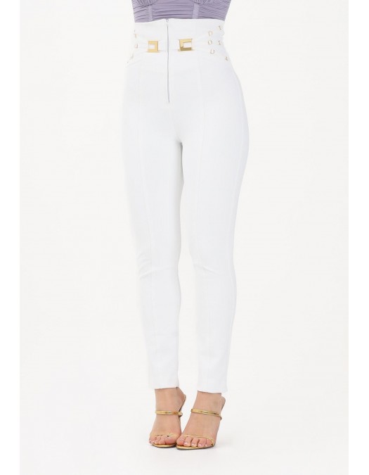 Pantaloni ELISABETTA FRANCHI, double layer stretch crêpe fabric with elastic straps, Alb - PA15861E2360