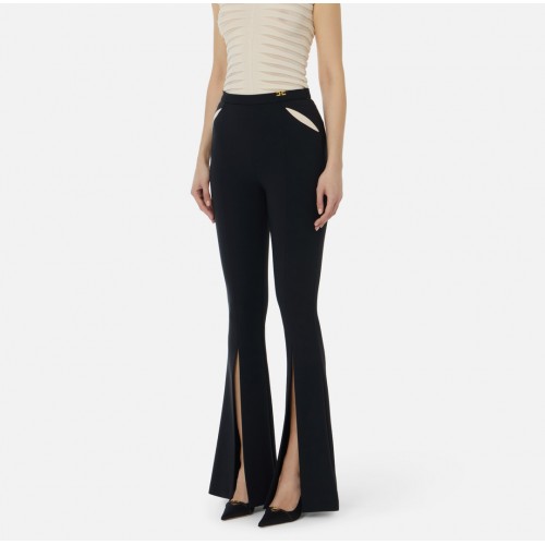 ELISABETTA FRANCHI, Trousers in lightweight crêpe fabric with cut-outs and slits, Negru