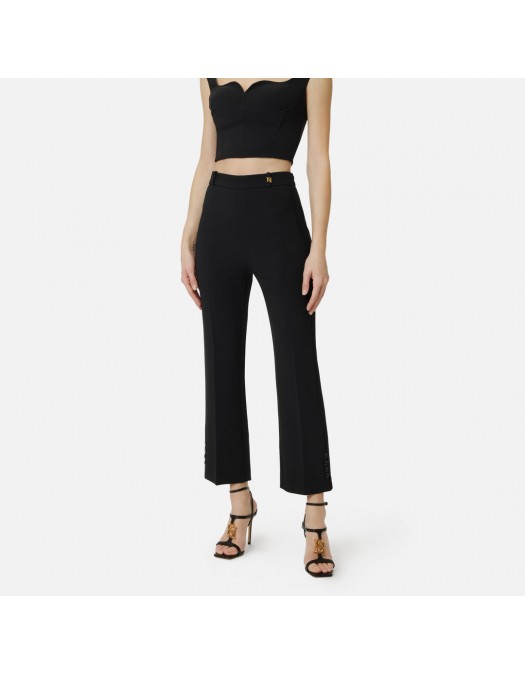 Pantaloni ELISABETTA FRANCHI, Trousers in double layer stretch crêpe fabric with logo charm, Negru - PA16861E2110