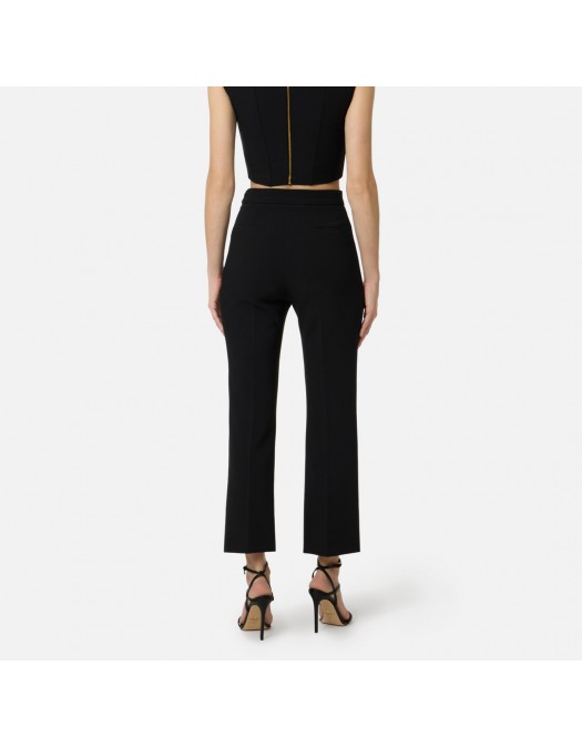 Pantaloni ELISABETTA FRANCHI, Trousers in double layer stretch crêpe fabric with logo charm, Negru - PA16861E2110