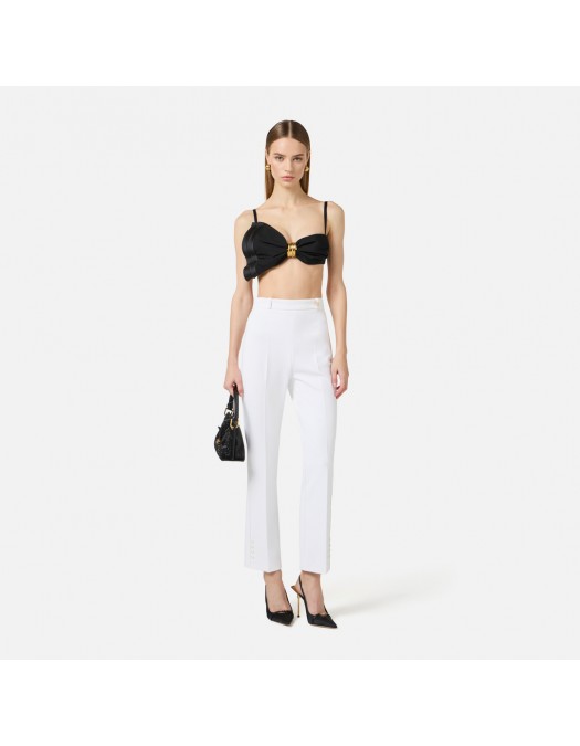 Pantaloni ELISABETTA FRANCHI, Trousers in double layer stretch crêpe fabric with logo charm, Alb - PA16861E2360