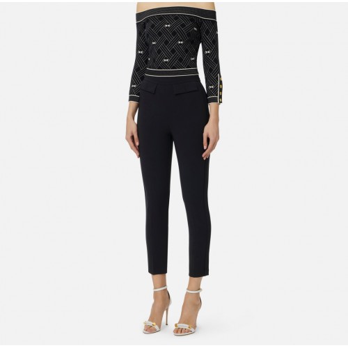 Pantaloni ELISABETTA FRANCHI, double layer stretch crêpe fabric with embroidered logo, Negru
