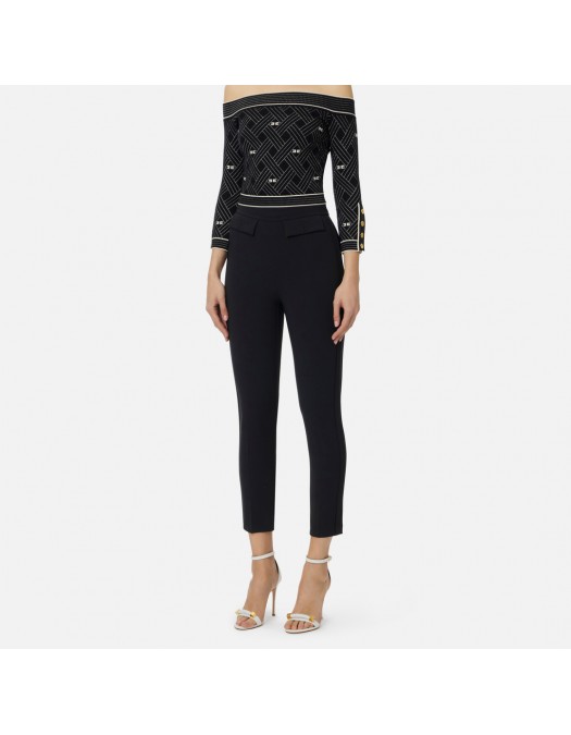 Pantaloni ELISABETTA FRANCHI, double layer stretch crêpe fabric with embroidered logo, Negru - PA17061E2110