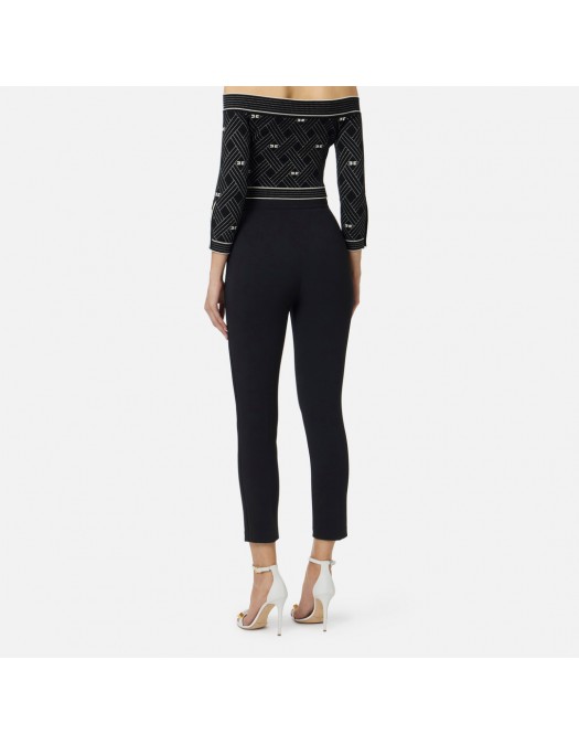 Pantaloni ELISABETTA FRANCHI, double layer stretch crêpe fabric with embroidered logo, Negru - PA17061E2110