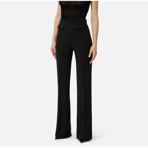 Pantaloni ELISABETTA FRANCHI, double layer stretch crêpe fabric with embroidered logo, Negru