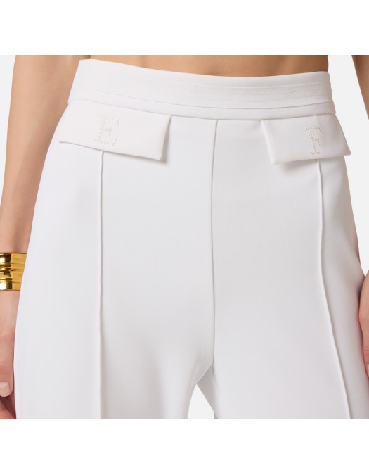 Pantaloni ELISABETTA FRANCHI, double layer stretch crêpe fabric with embroidered logo, Alb - PA17161E2360