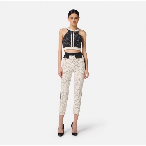 PANTALON ELISABETTA FRANCHI, Logo Print, Alb/Negru PANTALON ELISABETTA FRANCHI, Logo Print, Alb/Negru