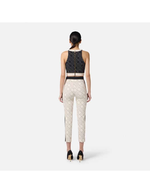 PANTALON ELISABETTA FRANCHI, Logo Print, Alb/Negru - PAS0156E2EF1