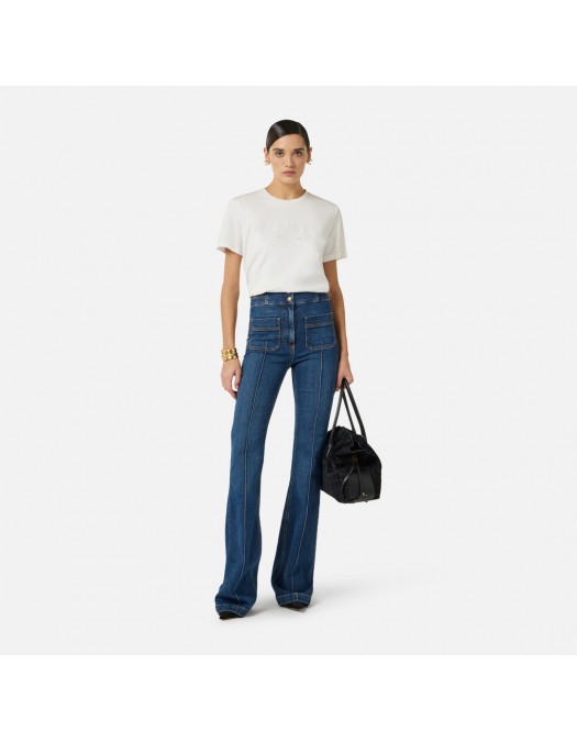 Jeans ELISABETTA FRANCHI, Boot-cut jeans with logo details, Bleumarin - PJ26D61E2104