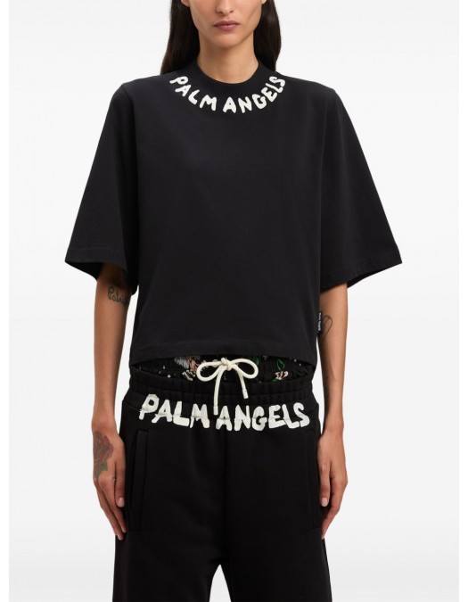 Tricou PALM ANGELS,  Seasonal Neck Logo, Crop Top, Black - PWAA020S25JER0031003