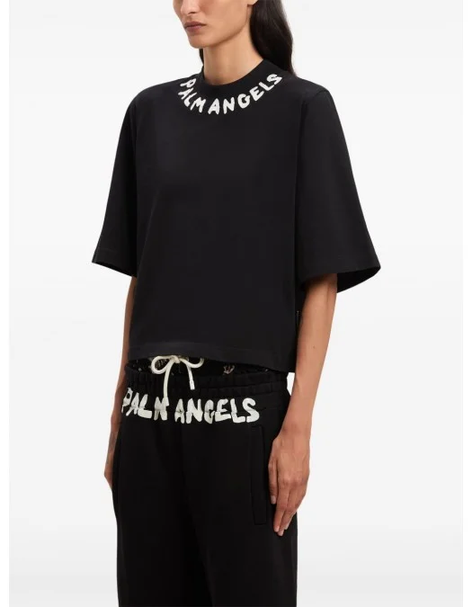 Tricou PALM ANGELS,  Seasonal Neck Logo, Crop Top, Black - PWAA020S25JER0031003