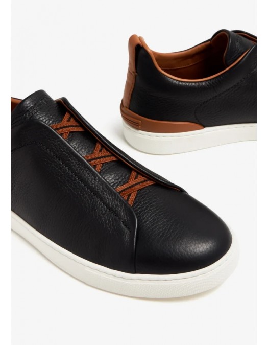 Sneakers Zegna, Triple Stitch, Low Top, Brown Details, Black - S4667ZLHCVOSNE