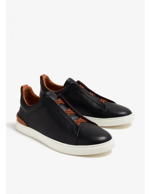 Sneakers Zegna, Triple Stitch, Low Top, Brown Details, Black - S4667ZLHCVOSNE