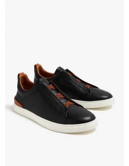 Sneakers Zegna, Triple Stitch, Low Top, Brown Details, Black - S4667ZLHCVOSNE Sneakers Zegna, Triple Stitch, Low Top, Brown Details, Black - S4667ZLHCVOSNE