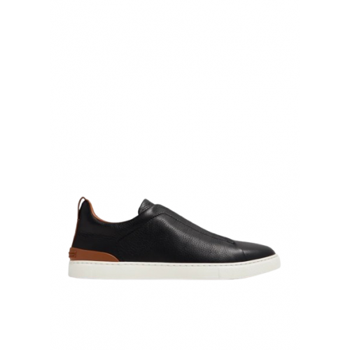 Sneakers Zegna, Triple Stitch, Low Top, Brown Details, Black Sneakers Zegna, Triple Stitch, Low Top, Brown Details, Black