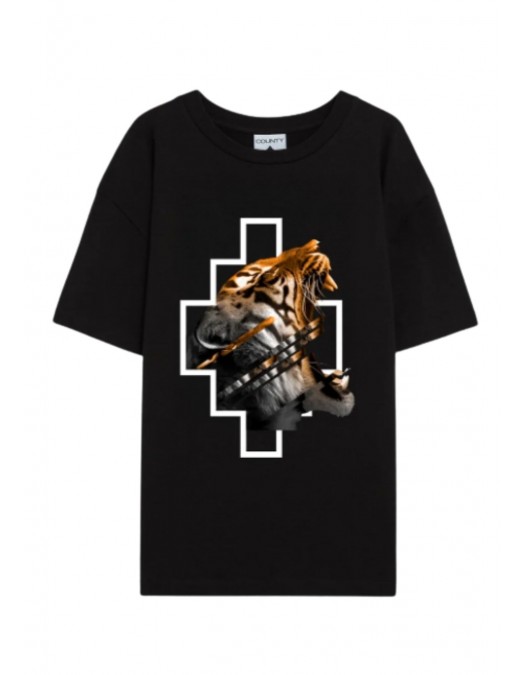 Tricou MARCELO BURLON, Logo and TIger Print, Negru - S6CMMATH050110