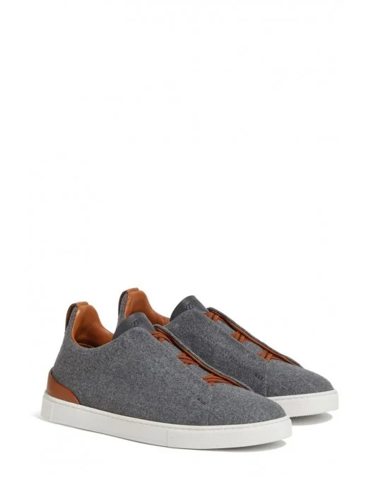 Sneakers Zegna, Low Top, Triple Stitch, Brown Details, Wool, Grey - S7006ZLHUTESGS Sneakers Zegna, Low Top, Triple Stitch, Brown Details, Wool, Grey - S7006ZLHUTESGS