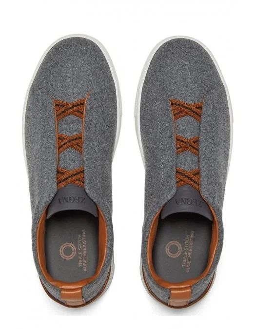 Sneakers Zegna, Low Top, Triple Stitch, Brown Details, Wool, Grey - S7006ZLHUTESGS Sneakers Zegna, Low Top, Triple Stitch, Brown Details, Wool, Grey - S7006ZLHUTESGS