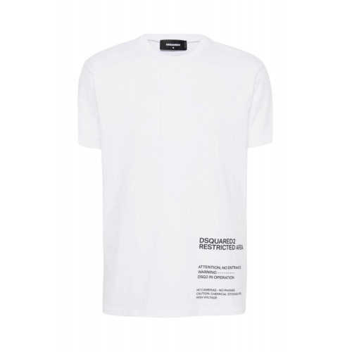 TRICOU DSQUARED2, Restricted Area Print, Alb, Cool Fit TRICOU DSQUARED2, Restricted Area Print, Alb, Cool Fit