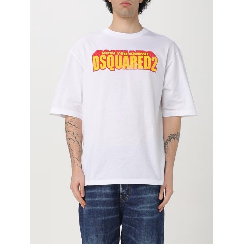 Tricou DSQUARED2, Yellow Logo Insert, White, Loose Fit Tricou DSQUARED2, Yellow Logo Insert, White, Loose Fit