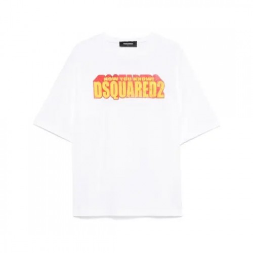Tricou DSQUARED2, Yellow Logo Insert, White, Loose Fit Tricou DSQUARED2, Yellow Logo Insert, White, Loose Fit