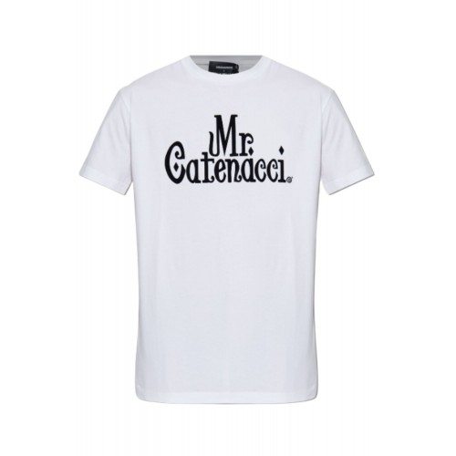 TRICOU DSQUARED2, Mr Catenacci Front Print, Regular Fit, Alb TRICOU DSQUARED2, Mr Catenacci Front Print, Regular Fit, Alb