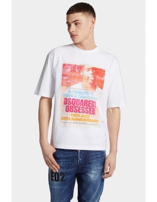 TRICOU DSQUARED2, Tribute to Dean and Dan Print, Loose Fit, Alb - S71GD1587D20020100