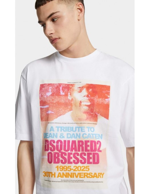 TRICOU DSQUARED2, Tribute to Dean and Dan Print, Loose Fit, Alb - S71GD1587D20020100