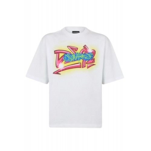 Tricou DSQUARED2, Rebel Tags Loose Fit T-Shirt, Alb