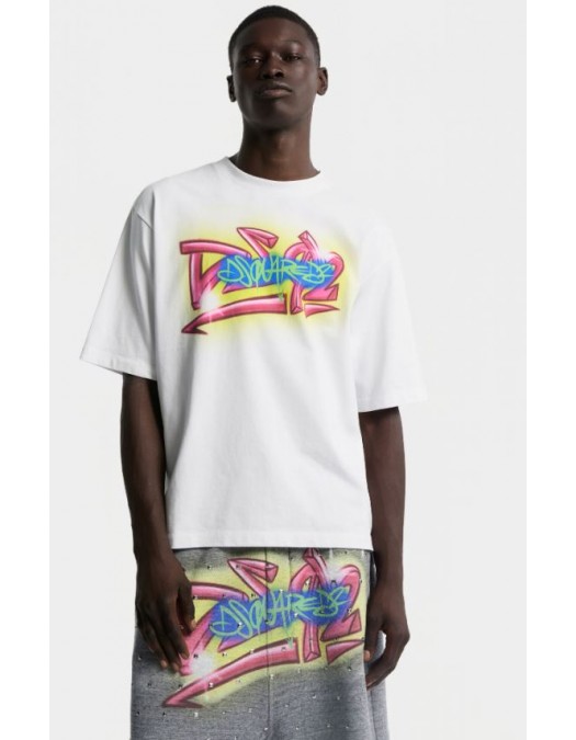 Tricou DSQUARED2, Rebel Tags Loose Fit T-Shirt, Alb - S71GD1652D20033100