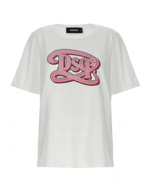Tricou DSQUARED2, Logo Pink Print, Alb - S72GD0518S24668100 Tricou DSQUARED2, Logo Pink Print, Alb - S72GD0518S24668100