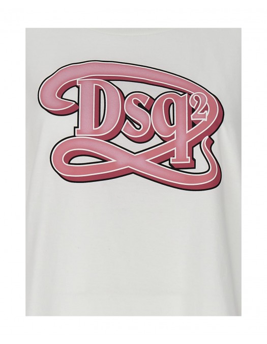 Tricou DSQUARED2, Logo Pink Print, Alb - S72GD0518S24668100 Tricou DSQUARED2, Logo Pink Print, Alb - S72GD0518S24668100