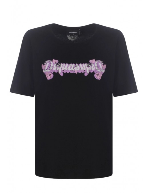 Tricou DSQUARED2, Pink Print with hearts, Negru - S72GD0519S24668900 Tricou DSQUARED2, Pink Print with hearts, Negru - S72GD0519S24668900