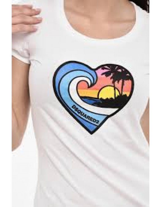 Tricou DSQUARED2, Heart Multicolor Print, White - S72GD0522S24668100