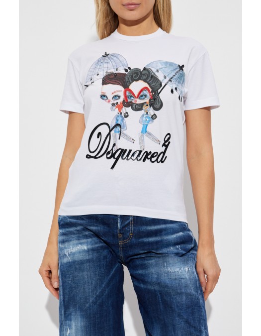 Tricou DSQUARED2, Girls Print, Aplicatii stralucitoare, Alb - S72GD0613D20020100 Tricou DSQUARED2, Girls Print, Aplicatii stralucitoare, Alb - S72GD0613D20020100