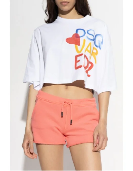 Tricou DSQUARED2, Summer Lovers, Crop Top, Color Logo, White - S73GC0294D20020100 Tricou DSQUARED2, Summer Lovers, Crop Top, Color Logo, White - S73GC0294D20020100