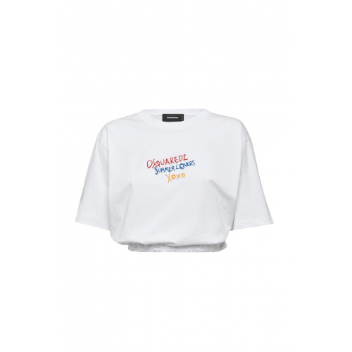 Tricou DSQUARED2, Summer Lovers, Gathered Relax Fit, White Tricou DSQUARED2, Summer Lovers, Gathered Relax Fit, White