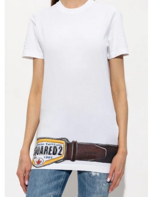 Tricou DSQUARED2, Women's White Iconique Belt Print T-Shirt - S73GC0301D20033100
