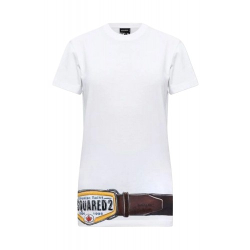 Tricou DSQUARED2, Women's White Iconique Belt Print T-Shirt