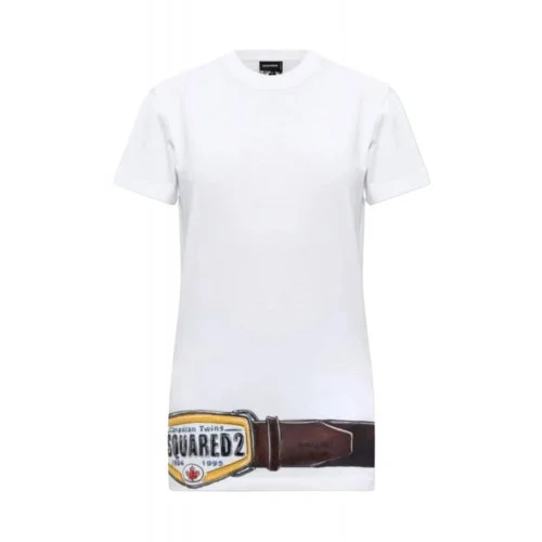 Tricou DSQUARED2, Women's White Iconique Belt Print T-Shirt