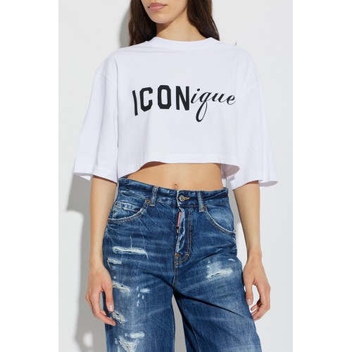 Tricou DSQUARED2, ICONique Cropped Loose Fit T-Shirt, Alb