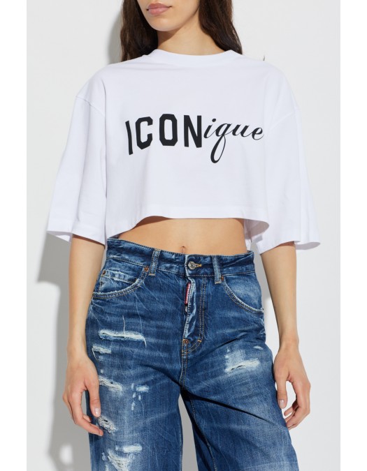 Tricou DSQUARED2, ICONique Cropped Loose Fit T-Shirt, Alb - S73GC0309D20033100