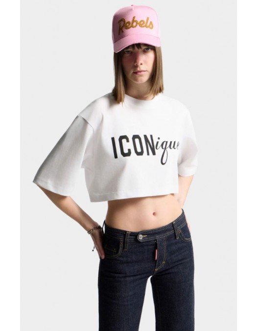 Tricou DSQUARED2, ICONique Cropped Loose Fit T-Shirt, Alb - S73GC0309D20033100