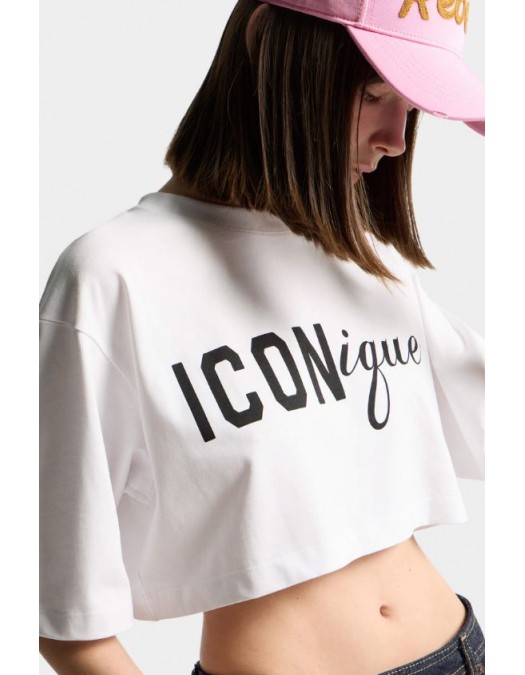Tricou DSQUARED2, ICONique Cropped Loose Fit T-Shirt, Alb - S73GC0309D20033100