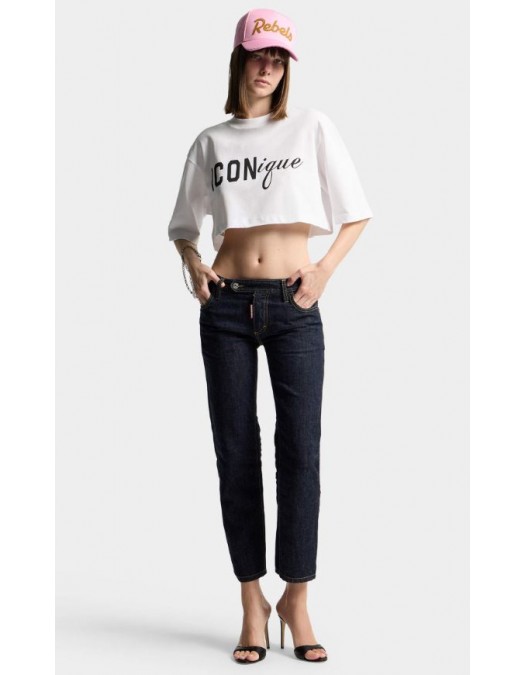 Tricou DSQUARED2, ICONique Cropped Loose Fit T-Shirt, Alb - S73GC0309D20033100